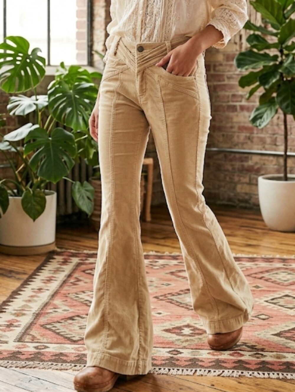 Free People Women 90" Light Khaki Flared Corduroy Pants Jeans Sz 2